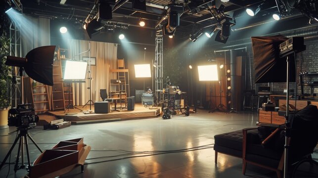 A film studio set is prepped and ready for filming. The set includes lighting equipment, a camera on a tripod, and a stage with a chair and table.