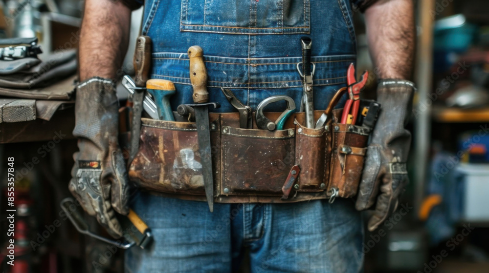 Poster close-up of a worker wearing a tool belt filled with various tools in a workshop setting.