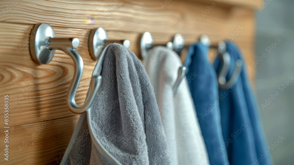 Poster multiple towels in various colors hanging neatly on hooks in a bathroom setting.