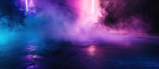 Dark stage shows, blue, and purple background, an empty dark scene, laser beams, neon