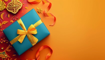 flat lay Diwali gift box decorated with bright colored paper and clay Diyas