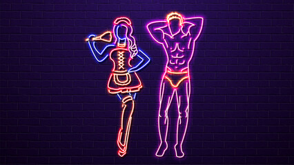 Sexy neon man and woman in lingerie on a purple brick wall background. A concept for a sex shop.