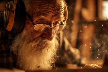 Wise Old Man in Workshop, Focused and Caring for Craft