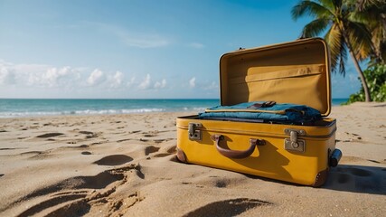 Yellow suitcase in the sand and sea of beautiful tropical beach with blue clear sky in the background. Ai Generative.
