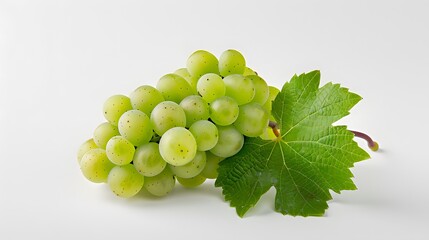 Green grape with leaves isolated on white. With clipping path. Full depth of field. 
