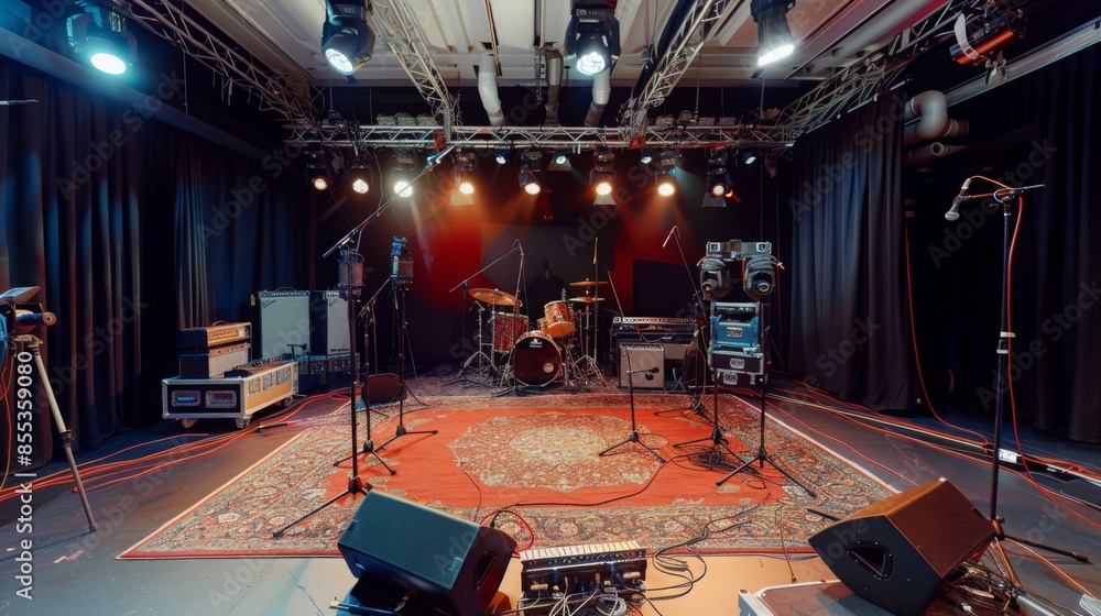 Poster a view of an empty music stage with a drum set and audio equipment, ready for a performance. the sta