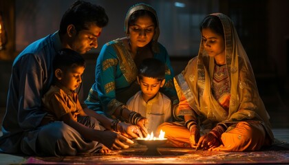 An Indian family sits together, lights a diya (oil lamp) and prays