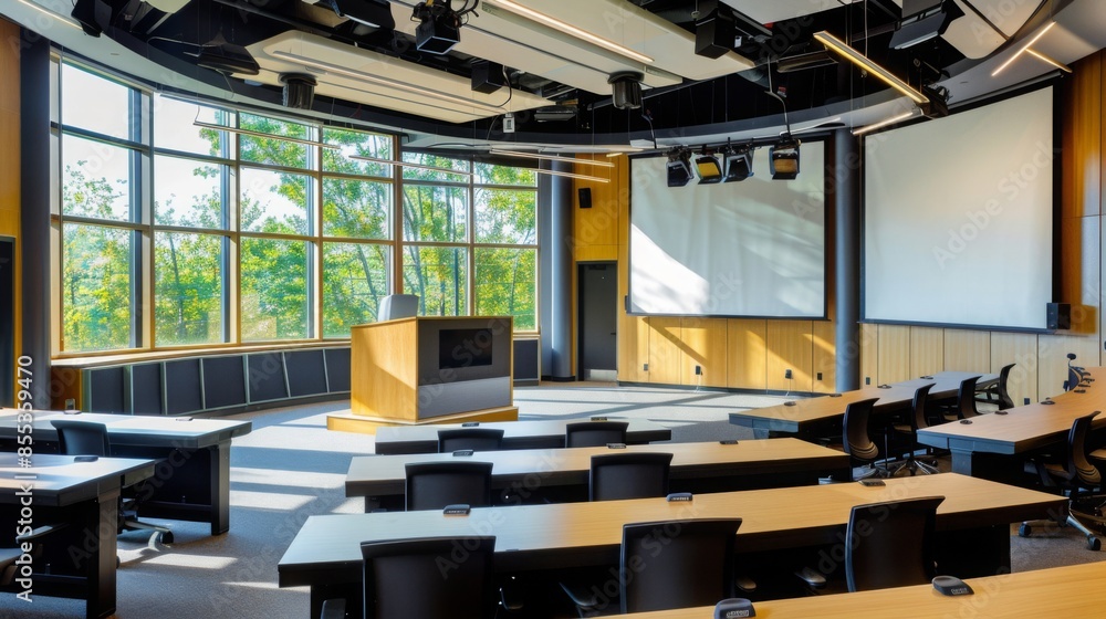 Aufkleber a spacious, well-lit classroom with windows and a projector, perfect for lectures. tiered desks set 
