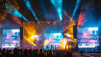 A large stage with bright lights and a crowd in front, taken at a night concert.