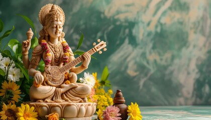 Statue of Goddess Saraswati with veena surrounded by fresh flowers on empty background.