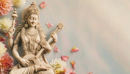 Statue of Goddess Saraswati with veena surrounded by fresh flowers on empty background.