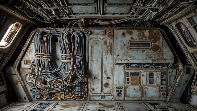 A close-up of a rusty metal panel with a tangled mess of wires and cables in the interior of a spaceship