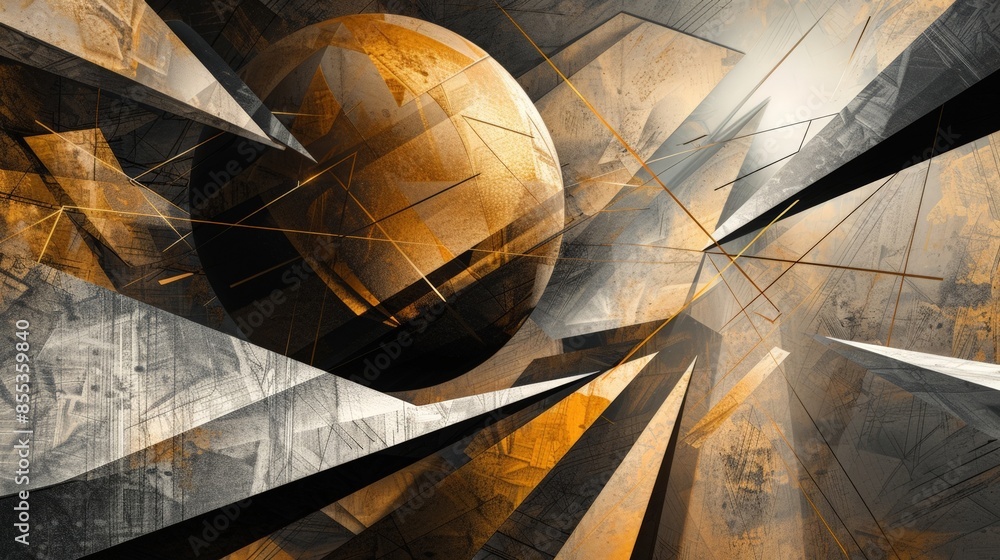Poster cyberpunk artwork: a sci-fi scene with a golden globe and abstract architecture