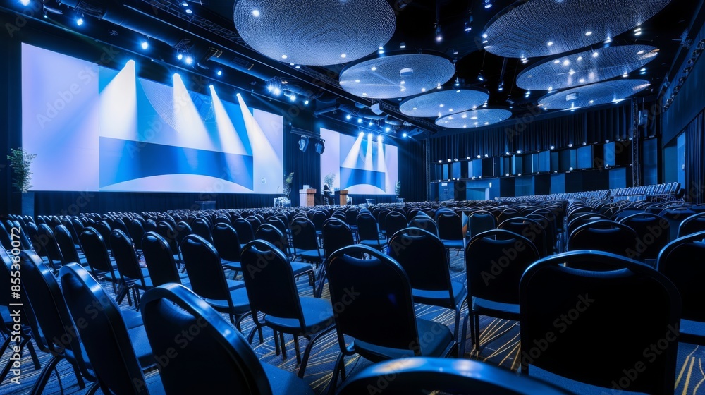 Poster a wide shot of an empty conference hall, featuring rows of chairs neatly arranged facing a large sta