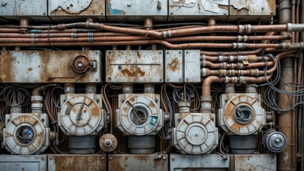 Close-up of rusted machinery and pipes in a factory setting