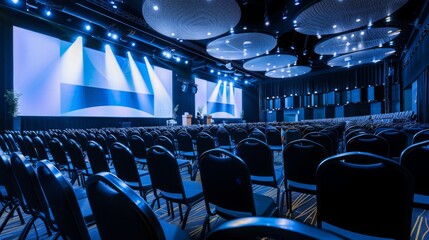 A wide shot of an empty conference hall, featuring rows of chairs neatly arranged facing a large stage with a screen. The room has a modern design with blue accents and circular ceiling lights.