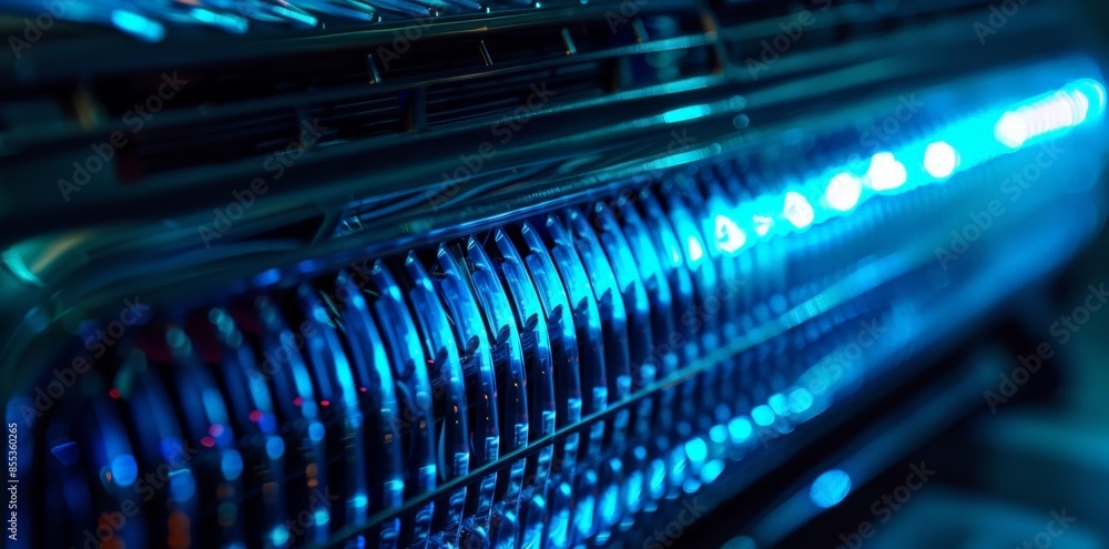 Poster modern data center with glowing lights and rows of servers