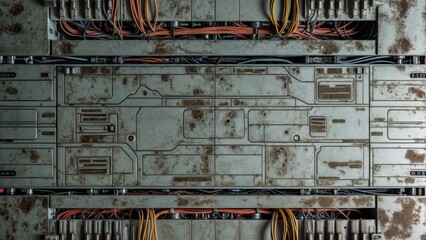 A close-up view of a weathered metal panel with numerous wires and connectors