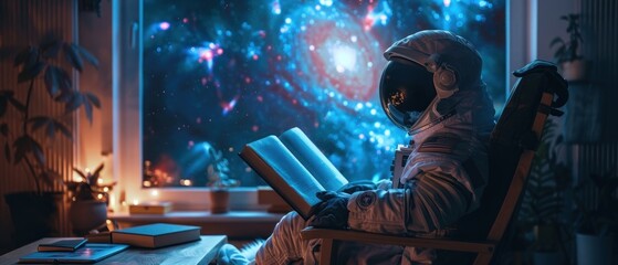A man in a spacesuit is reading a book in front of a window with a view of the stars