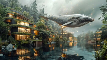 A whale is flying over a city with many buildings.