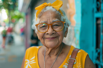 Smiling Elderly Latina Woman with Yellow Bowtie Headband and Glasses - Vibrant Outdoor Street Portrait
