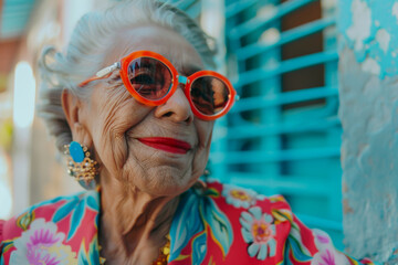 Stylish Joyful Elderly Latina Woman with Bright Orange Sunglasses and Floral Dress - Vibrant Outdoor Street Portrait