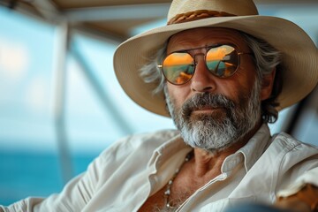 Man in a Straw Hat and Sunglasses Relaxing on a Boat