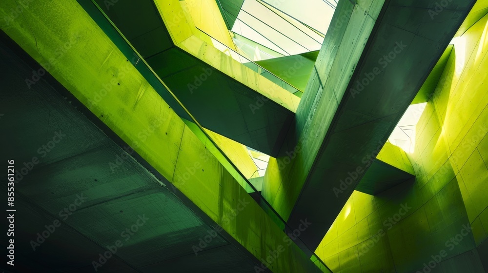 Poster modern architecture: futuristic green building design with angular roof