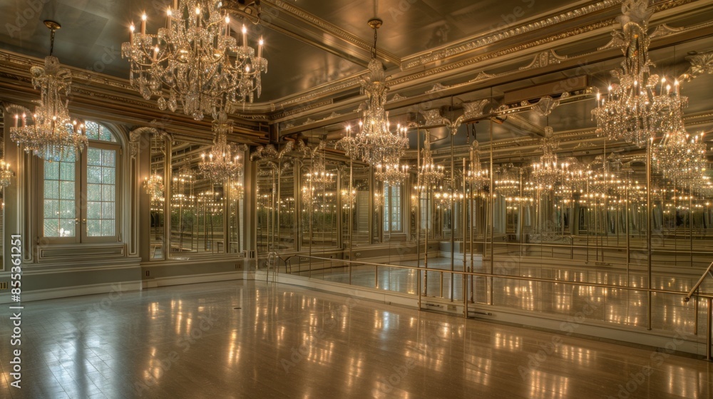 Poster a large, elegant ballroom with mirrored walls and multiple crystal chandeliers. the room is empty, w