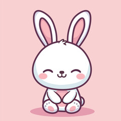 Delightful kawaii bunny with a wide smile, large ears, and blushing cheeks. The bunny is illustrated in a cute, playful cartoon style on a soft pink background.