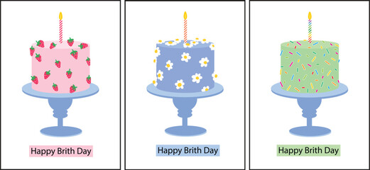 Set of three Happy Birthday Greeting Cards. Vector illustration isolated on a white background. Colourful minimalist design of Anniversary Birthday Cards. Born day celebration card. 