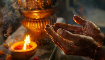 Close-up of a person's hands praying in front of a burning diya (oil lamp)