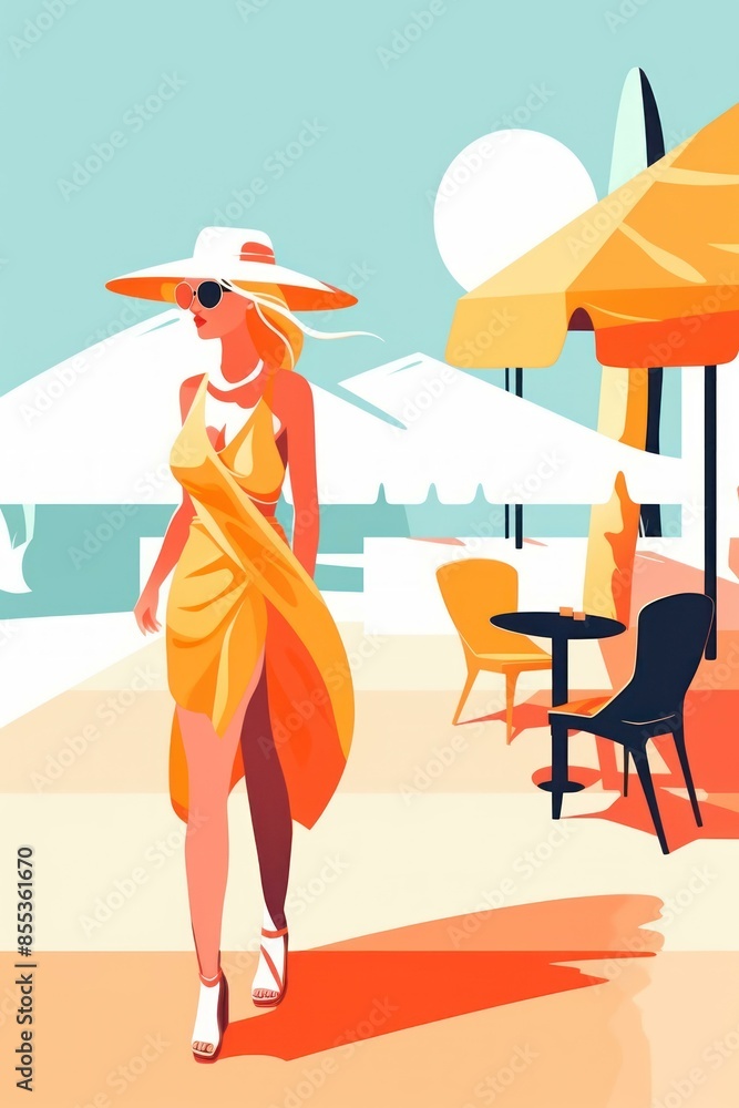 Wall mural Stylish woman in beachwear walking by seaside cafe on sunny summer vacation day.