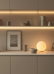 Design of a wall cabinet with lighting strip lights above. A beige color scheme with a light gray background, glass shelves on top and warm white light strips below in a minimalist style. The cabinet 