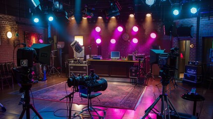 A film studio set with a brick wall, a wooden counter, and three cameras. The set is lit with pink and blue lights, creating a dramatic and vibrant atmosphere.