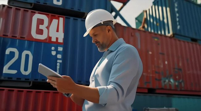 Male container yard worker using tablet. Container boxes transportation or delivery