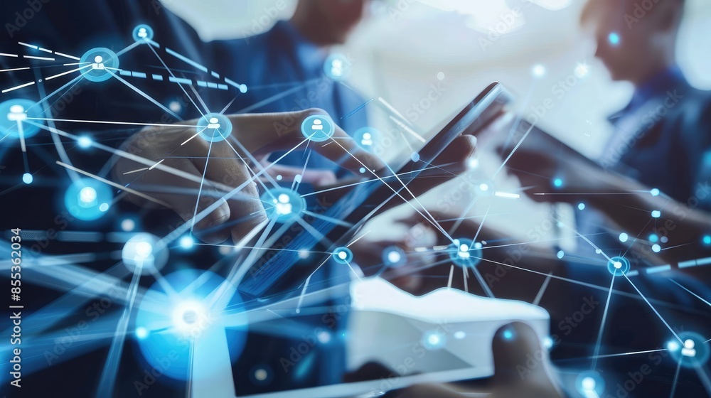 Poster close-up of a digital tablet showing a business network diagram, with team members discussing strate
