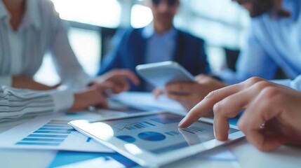 Close-up of a digital tablet showing a business network diagram, with team members discussing strategy and collaboration in the background