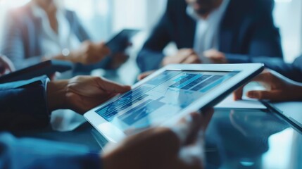 Close-up of a digital tablet showing a business network diagram, with team members discussing strategy and collaboration in the background