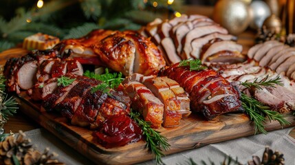 Close-up of a festive meat platter with various roasted meats and garnishes, ready for serving