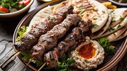 Close-up of a plate of Middle Eastern lamb kebabs with sides of hummus and pita bread