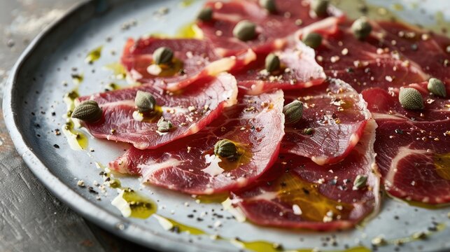Close-up of a plate of ostrich meat carpaccio with capers and a drizzle of olive oil