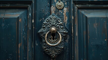Close-up of an ornate door handle and keyhole on a historic mansion's front door
