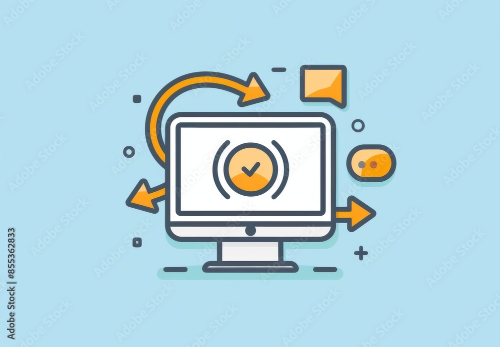 Poster a computer screen with an arrow and message bubbles, a vector flat icon illustration shows two yello