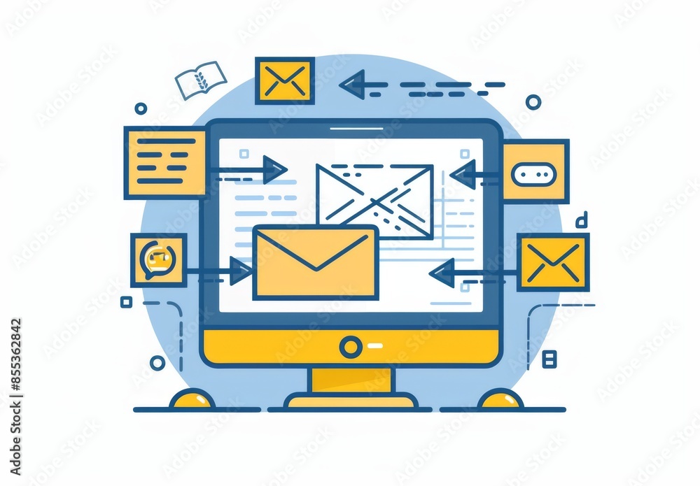 Poster a computer screen with an arrow and message bubbles, a vector flat icon illustration shows two yello