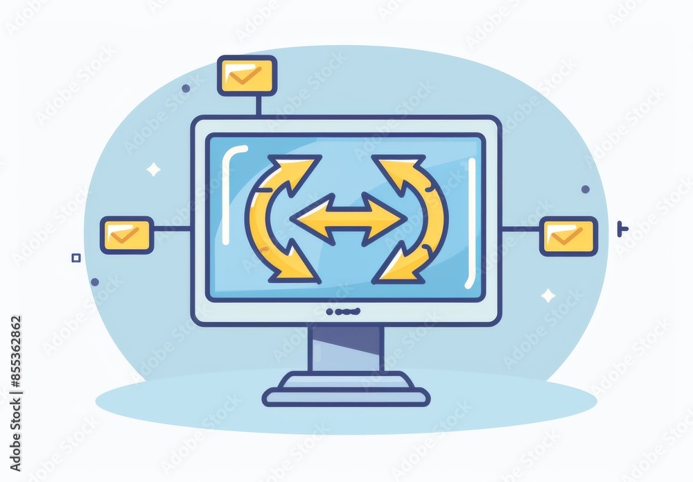 Poster a computer screen with an arrow and message bubbles, a vector flat icon illustration shows two yello