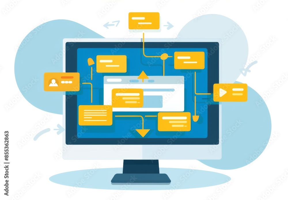 Poster a computer screen with an arrow and message bubbles, a vector flat icon illustration shows two yello