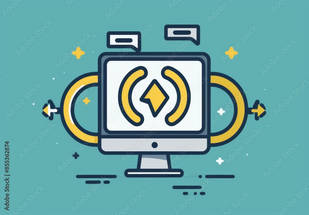 Aufkleber a computer screen with an arrow and message bubbles, a vector flat icon illustration shows two yello