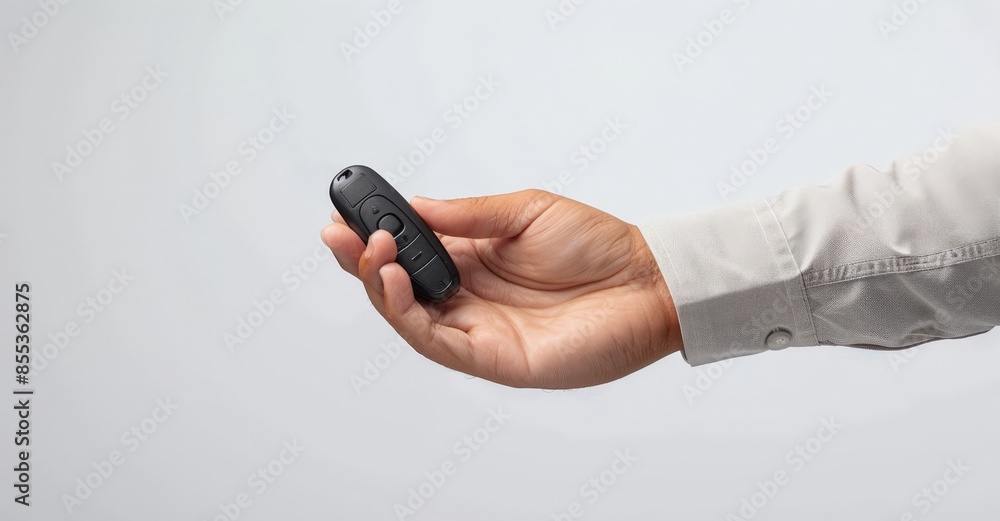 Poster person holding smartphone with remote control, displaying functionality of device