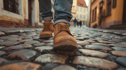 Close-up of feet in casual shoes walking on a cobblestone sidewalk in a historic district